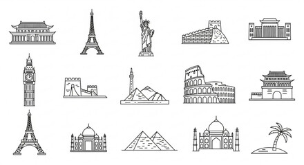 World landmarks line icons a collection of famous architectural monuments from around the globe in simple outline style