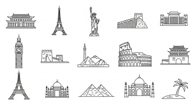 World landmarks line icons a collection of famous architectural monuments from around the globe in simple outline style