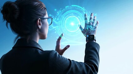 A woman wearing a black blazer interacts with a digital interface. The scene has a futuristic style with a rim lighting effect against blue background. Wearing eyeglasses and smartwatch. - Powered by Adobe