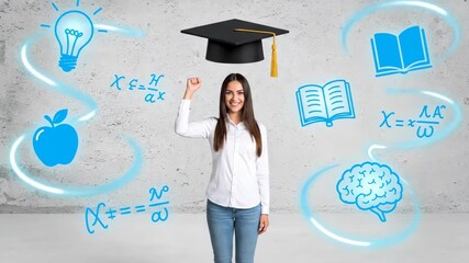 A young woman in jeans celebrates graduation, surrounded by mathematical symbols and icons on a grey concrete background, studio with natural lighting. - Powered by Adobe