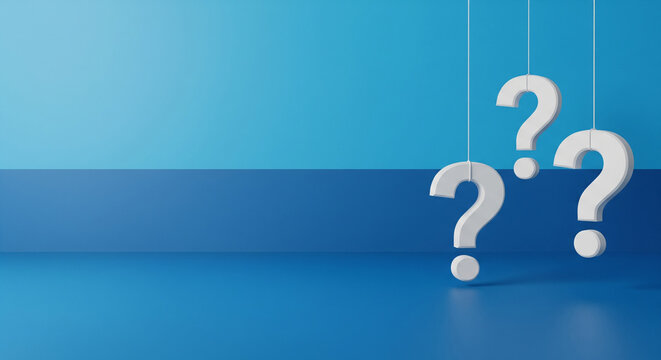 Three white question marks suspended against a gradient blue background, symbolizing inquiry and curiosity. - Powered by Adobe