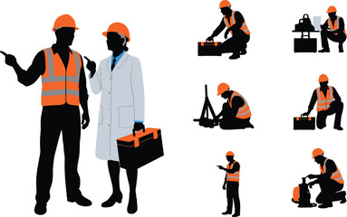 Silhouette construction workers and engineers with safety vests, hard hats and tools performing inspection tasks, industrial workforce illustration set, engineering concept