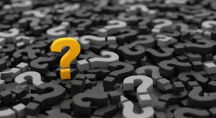 A single yellow question mark stands out among a sea of black and gray question marks, symbolizing curiosity and inquiry.