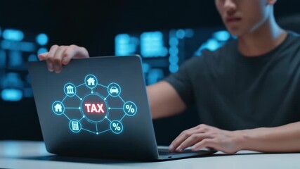 Young asian man working on laptop in high tech environment. Laptop shows tax theme graphics against a dark background with digital displays. Modern technology concept.