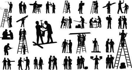 Silhouette construction workers collaborating in various teamwork poses with ladders, tools, and equipment, professional labor illustration set for industry concepts