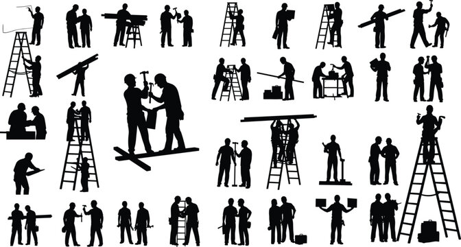 Silhouette construction workers collaborating in various teamwork poses with ladders, tools, and equipment, professional labor illustration set for industry concepts