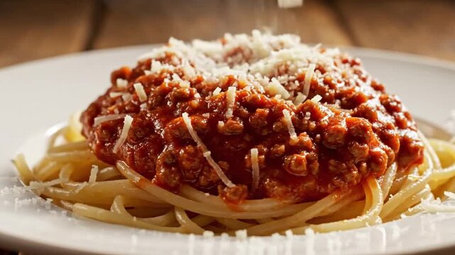 A cinematic close-up 4K shot of a delicious plate of spaghetti Bolognese. Al dente pasta is generously coated in rich tomato sauce, topped with perfectly cooked minced meat and a sprinkle