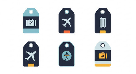 Collection of travel tag designs with airplane and luggage icons