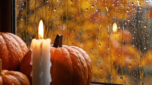 A cinematic close-up of glowing candles beside a group of pumpkins on a wooden table near a rainy window. Raindrops trickle down the glass as the soft flicker of candlelight casts warm reflection