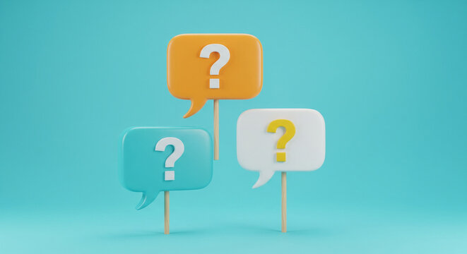 Three speech bubbles in orange, teal, and white with question marks, set against a bright blue background, symbolizing inquiry.