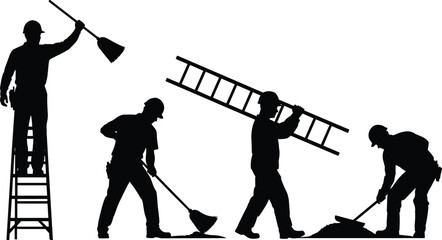 Silhouette construction workers sweeping, carrying ladder, standing on ladder and shoveling, industrial labor activity illustration for job site and maintenance work