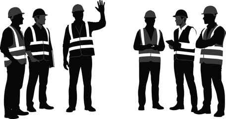 Silhouette construction workers wearing safety vests and helmets discussing plans on site, teamwork communication illustration set, industry workforce concept