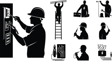 Silhouette electricians repairing electrical panels, using tools, climbing ladders and testing circuits, professional electrical work illustration set for industry and maintenance