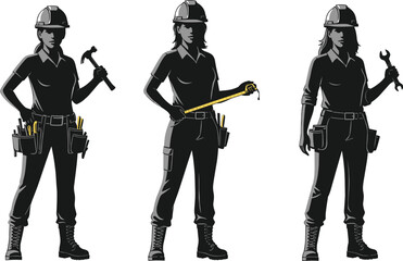 Silhouette female construction workers holding tools like hammer, tape measure and wrench, professional labor illustration, industry workforce, engineering craft concept