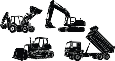 Silhouette heavy construction equipment set with backhoe loader, excavator, bulldozer and dump truck, industrial machinery vector for building and earthmoving