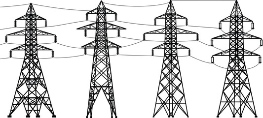 Silhouette high voltage transmission towers with overhead power lines, electricity distribution network illustration, energy infrastructure vector design for industrial use