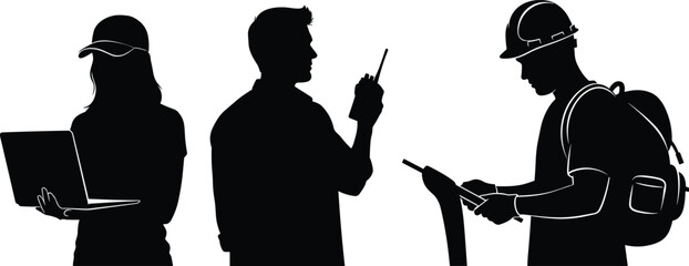 Silhouette workers using laptop, walkie-talkie and field equipment, modern communication and engineering illustration set for technology, industry and job concepts