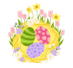 Happy Easter eggs in the nest. Easter illustration nest full of decorated eggs and spring flowers design. Flat hand drawn vector illustration isolated on white background for card postcard invitation