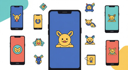 Cute animal icons on smartphone screens, showcasing a playful and modern app design with vibrant colors, perfect for mobile interfaces