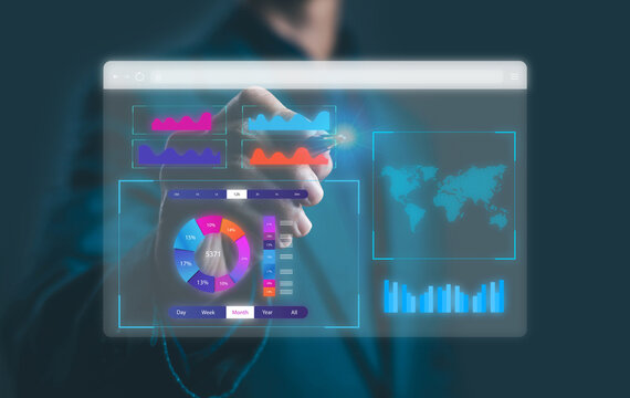 Business professional interacting with futuristic digital dashboard featuring charts, analytics, global map, and performance metrics, representing data visualization, big data analysis, and modern.