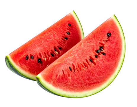 Two juicy watermelon slices, bright red flesh with black seeds