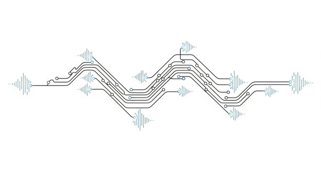 Abstract sound wave circuit board, representing audio signal processing and technological innovation in sound engineering