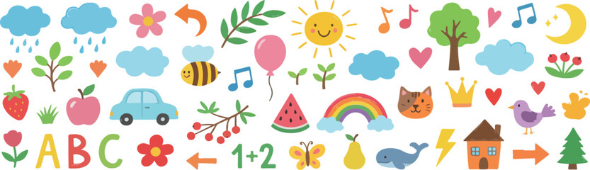 Cute Cartoon Elements for Kids Education and Decoration | Childlike Clipart Set with ABC, Animals, Weather and Nature for School Projects, Playful Designs and Nursery Decor