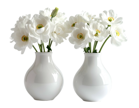 Two white vases overflowing with delicate white blossoms