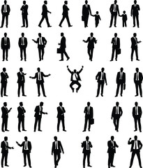 Businessman silhouette set, professional men in various poses, corporate teamwork, leadership, success, office lifestyle, modern business illustration
