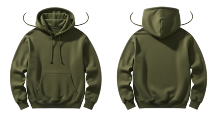 Front and Back View of a Plain Olive Green Hooded Sweatshirt on a White Background