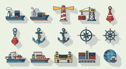 Set of flat design icons related to sea transport and maritime activities, including cargo ships, lighthouse, crane, buoy, anchor, compass, wheel, pier, and globe
