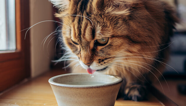 Close-up of a beautiful, long-haired tabby cat drinking water