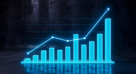 A vibrant blue bar graph with an upward trend line, illuminated against a dark, textured background, symbolizing growth and financial success