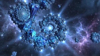 A mesmerizing seamless loop of abstract spiritual fractals in shades of blue, swirling and evolving in a fantasy cosmic environment. Soft glowing highlights, ethereal mist, and subtle volumetric - Powered by Adobe