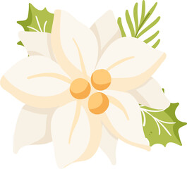 Illustration of White Poinsettia Flower With Green Leaves
