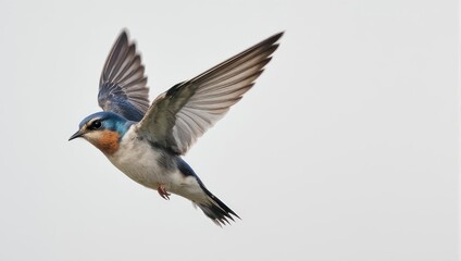 Fototapeta premium Flying bird with blue and orange feathers against a white background.