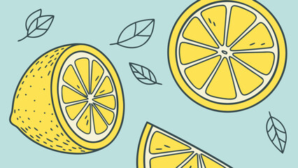 Fresh lemon slices and leaves vector illustration for summer citrus fruit design and healthy eating concept