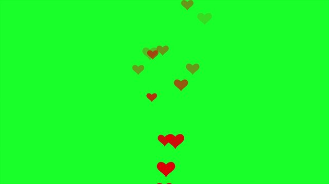 Heart icons rising animation. Floating love elements with green screen background in video format