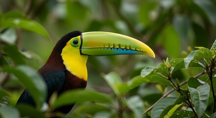 Obraz premium Colorful toucan amidst lush green foliage, showcasing a vibrant beak and plumage