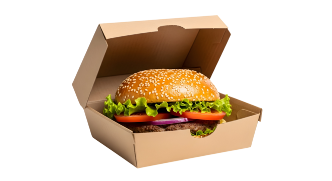 Delicious Burger in a Cardboard Takeaway Box - A Savory Meal Ready to Enjoy