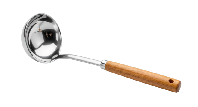 Shiny Stainless Steel Soup Ladle With Natural Bamboo Handle Isolated On Transparent Background Professional Studio Shot