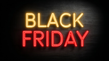 Vibrant black friday sale neon sign advertisement glowing. Exciting promotion for shopping discount and holiday retail deal against dark wall