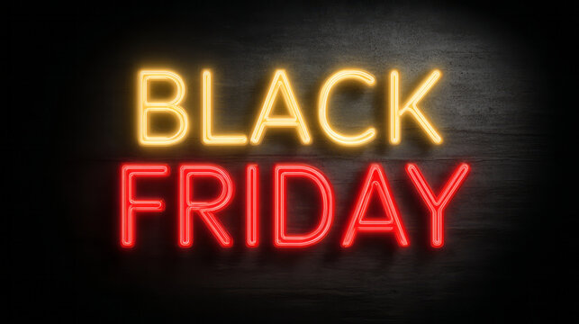 Vibrant black friday sale neon sign advertisement glowing. Exciting promotion for shopping discount and holiday retail deal against dark wall