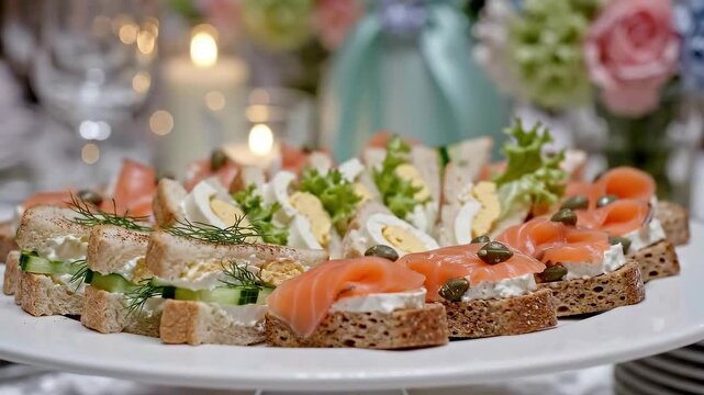 Elegant smoked salmon canapes platter at festive gathering.