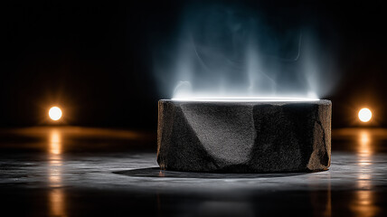 Futuristic, minimal sci fi pedestal with holographic display emits soft lighting in dark, atmospheric setting. glowing platform creates mysterious and advanced technological ambiance