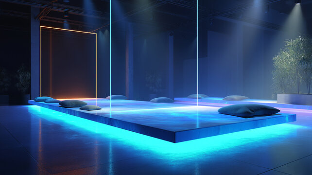 Futuristic lounge with neon hologram platform on reflective floor creates soft tech ambient atmosphere. Cushions are placed around glowing platform, enhancing modern design - Powered by Adobe