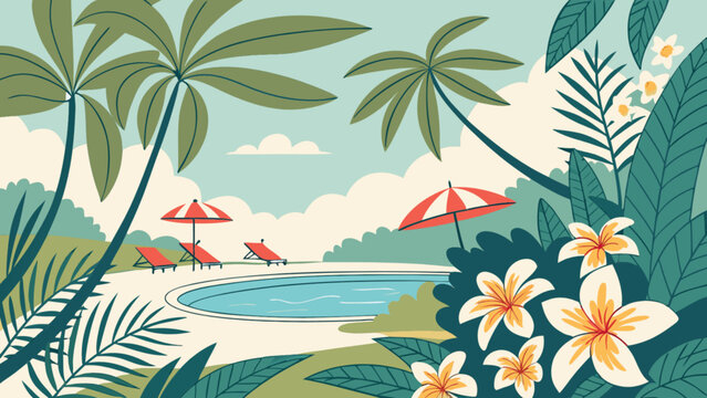 Tropical vacation resort with palm trees swimming pool and deck chairs summer holiday travel destination scene