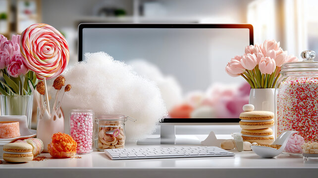 Pastel themed desk setup features computer monitor surrounded by soft, kawaii objects like pink tulips, large lollipop, jars of candy, and macarons, creating whimsical atmosphere