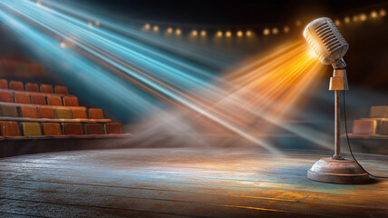 Vintage microphone stands on wooden stage under colorful spotlights, creating dramatic atmosphere in empty theater with rows of seats. scene evokes anticipation and nostalgia