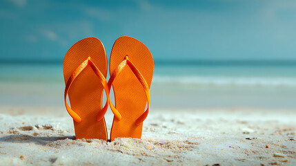 Bright orange flip flops resting on sandy beach with ocean background image